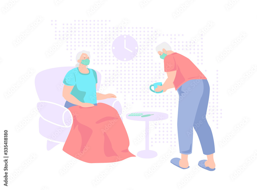 Elderly couple in surgical face masks are protected from flu virus isolated on white background. Old aged senior people at home with seasonal winter cold illness disease. health taking care together