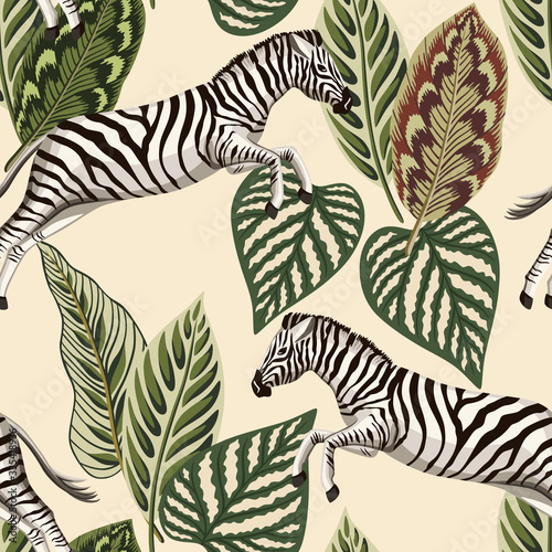 Vintage tropical palm leaves, zebra animal floral seamless pattern beige background. Exotic safari wallpaper.