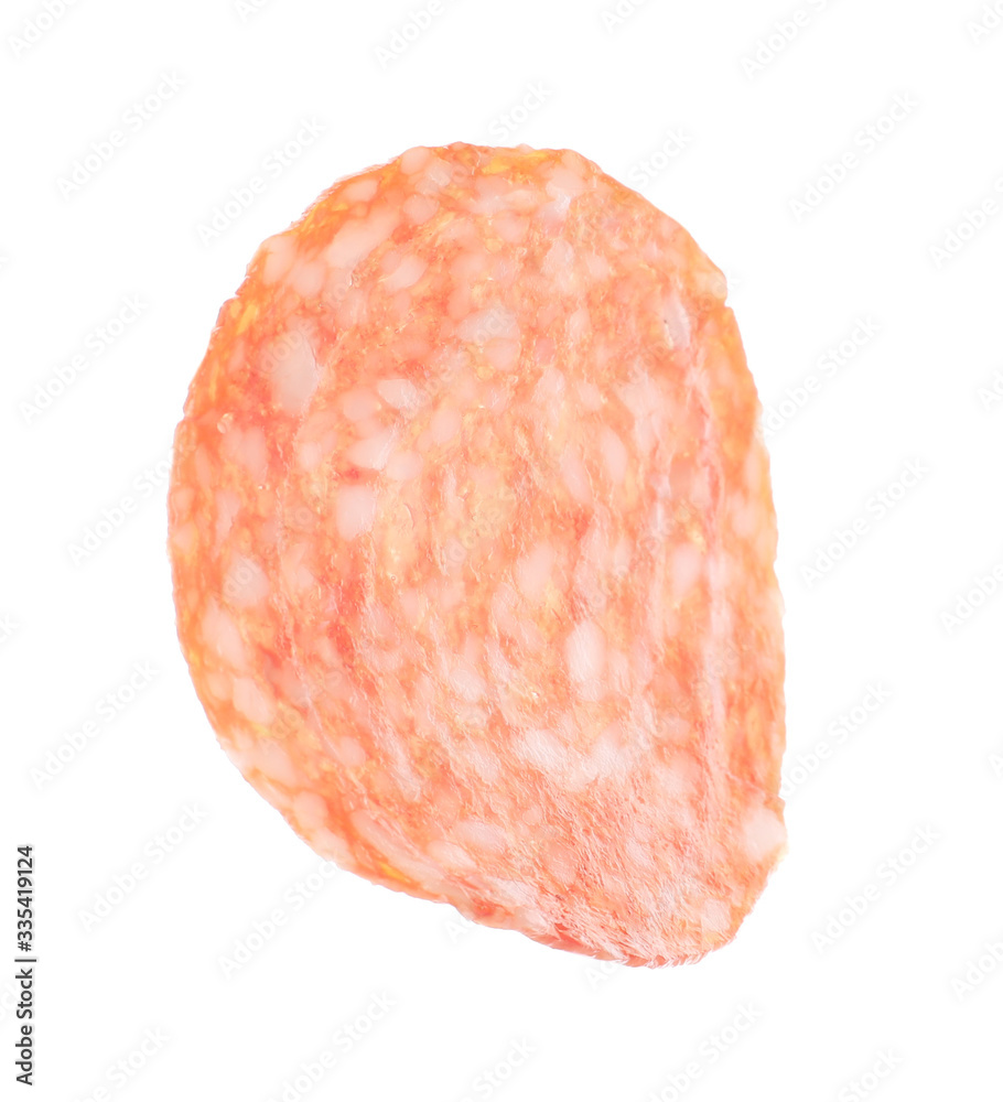 Slice of delicious sausage isolated on white Slice of delicious sausage isolated on white