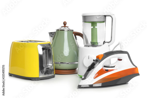Set of modern home appliances isolated on white