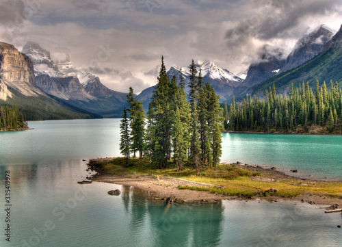 Surrealistic Picture Of The Picturesque Spirit Island In Lake Maligne Jasper National Park