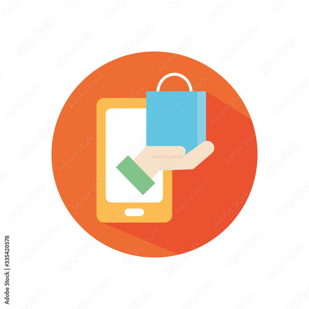 shopping online concept, smartphone and hand holding a shopping bag icon, block style shopping online concept, smartphone and hand holding a shopping bag icon, block style