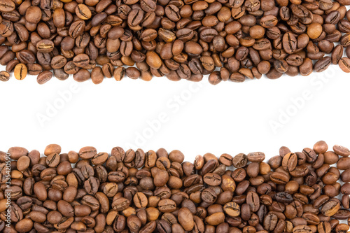 roasted coffee beans with copy space isolated on a white background