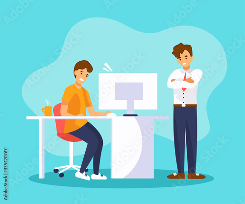 Office worker and angry boss. Young man is sitting at a desk with computer. Boss stands beside folded his arms across his chest.