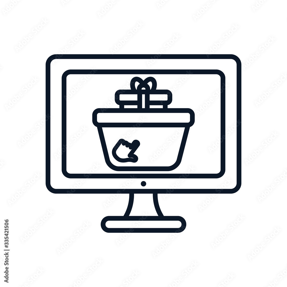 shopping online concept, computer with basket and gift box icon, line style shopping online concept, computer with basket and gift box icon, line style