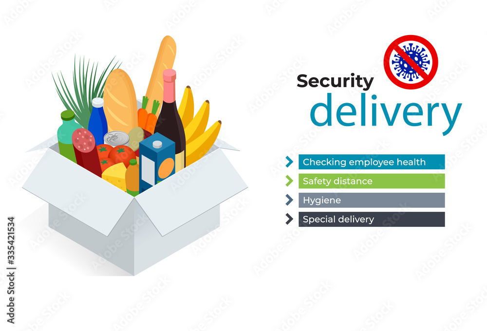 Obraz premium Isometric Delivery man or courier in a medical mask and gloves delivered delivering food to customer at home. Online purchases during a quarantine. Contactless or to the door delivery.