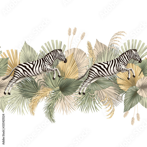 Vintage tropical palm leaves, zebra animal floral seamless border white background. Exotic safari wallpaper.