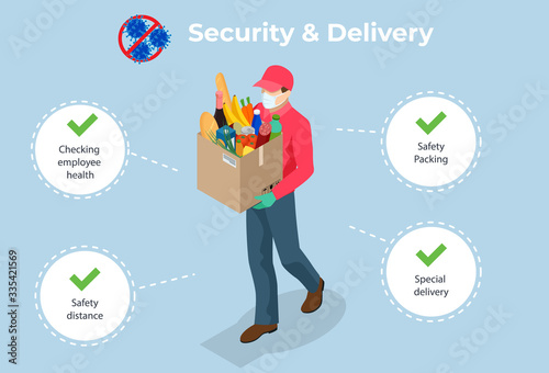 Isometric Delivery man or courier in a medical mask and gloves delivered delivering food to customer at home. Online purchases during a quarantine. Contactless or to the door delivery.