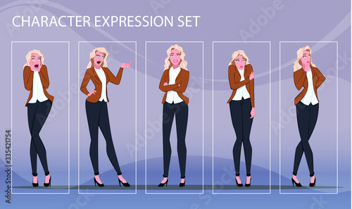 Businesswoman in different emotions and expressions. Businessperson in casual office look. Fashion lady