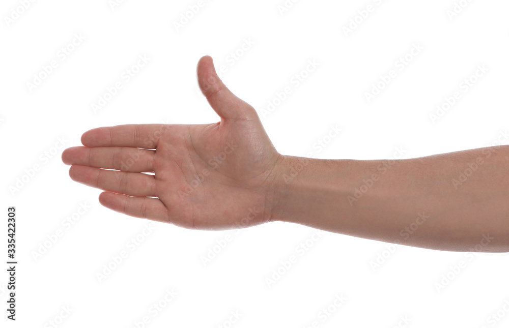 Man held out hand on white background, closeup Man held out hand on white background, closeup