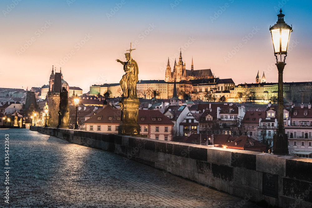 Charles bridge during sunset - empty due to coronavirus pandemic, Prague, Czech Republic