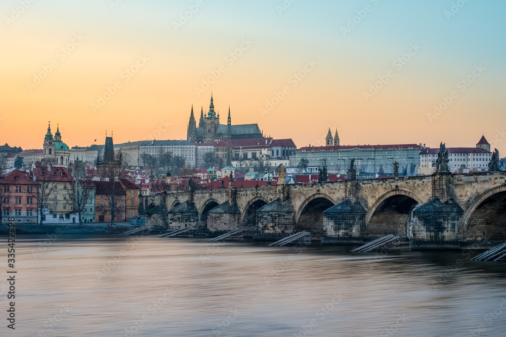 Charles bridge and the Prague castle panorama during the golden hour, Prague, Czech Republic