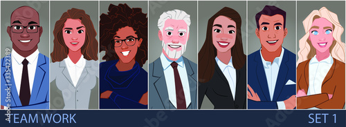 Business office team with happy emotions. Teamwork avatar set