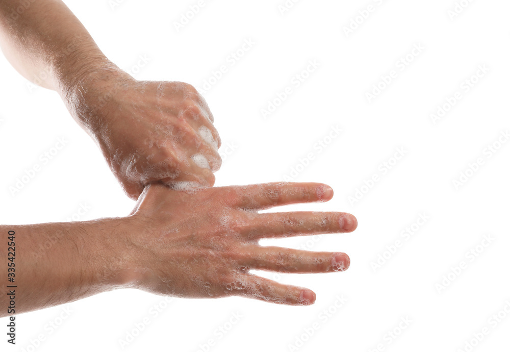 Man washing hands with soap on white background, closeup Man washing hands with soap on white background, closeup