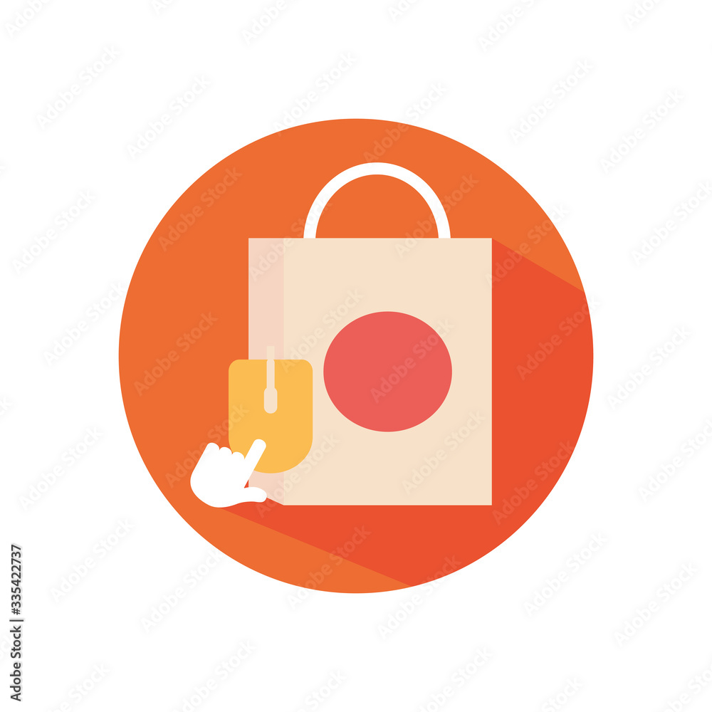 shopping online concept, shopping bag and mouse device icon, block style