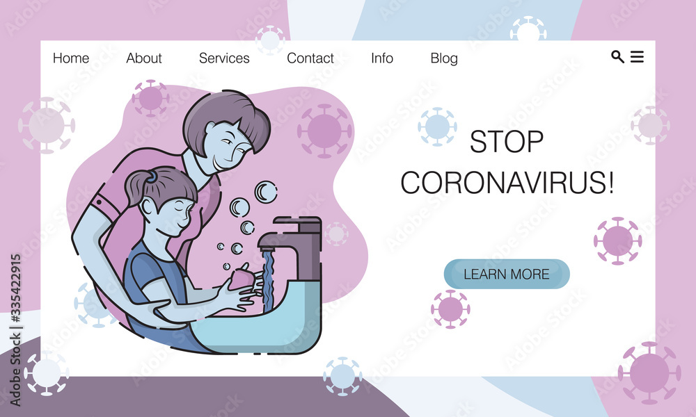 Mom teaches little daughter how to wash her hands with soap during the Covid-19 coronavirus pandemic (2019-nCoV). Stay home. Stop coronavirus. Cartoon vector illustration. Concept of website, page Mom teaches little daughter how to wash her hands with soap during the Covid-19 coronavirus pandemic (2019-nCoV). Stay home. Stop coronavirus. Cartoon vector illustration. Concept of website, page