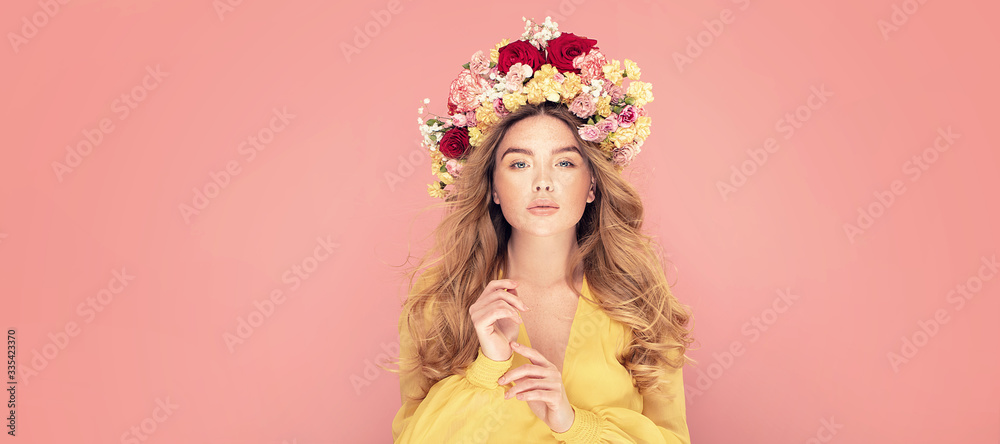 Spring lady with beautiful flowers.