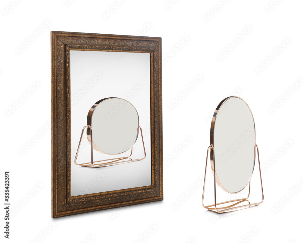 Desk mirror and reflection on white background Desk mirror and reflection on white background