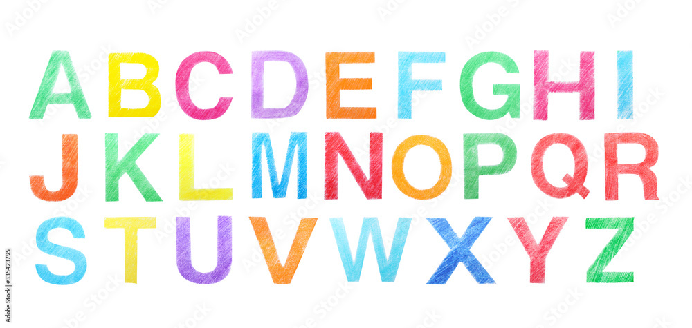 Set of letters written with color pencils on white background, top view. Banner design