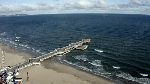 Aerial: City Pier in Calm Weather and Waves Crashing the Shore photo