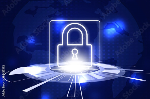 Cyber attack prevention. Illustration of lock and world globe on background