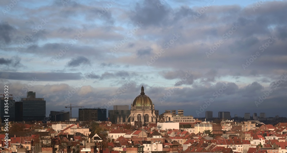 Cityscape of Brussels, Belgium, with the dome of Saint Mary's Royal Church at the center.