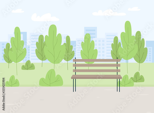 City summer spring park panorama with green trees, bench, walkway, path, city silhouette,. Town and city park landscape nature. Cartoon flat vector illustration.