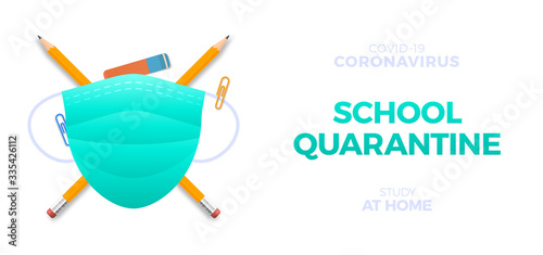 School quarantine during the coronavirus epidemic. Home training in the wake of the Covid-19 pandemic in the world. Vector illustration with a protective mask and school office.