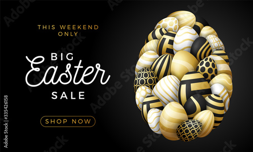 Luxury Happy easter card with eggs. Many beautiful golden realistic eggs are laid out in the shape of a large egg. Vector illustration for easter on black background.