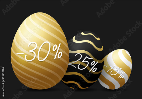 Luxury Easter egg sale horizontal banner. Golden Easter card with three realistic eggs, gold ornate eggs on black modern background. Vector illustration. Place for your text