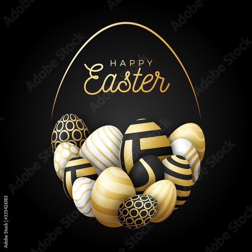 Luxury Happy easter card with eggs. Many beautiful golden realistic eggs are laid out in the shape of a large egg. Vector illustration for easter on black background.