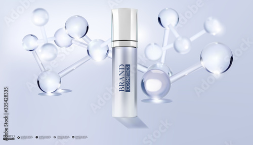 Cosmetic ads template. Realistic Cosmetic bottle sillver with a molecule background.