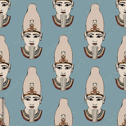 Seamless repeating pattern with portraits of ancient Egyptian pharaoh. Heads of god Osiris. Hand drawn colorful sketches.