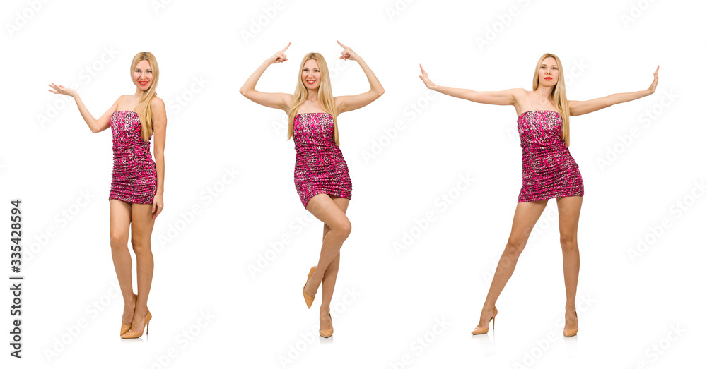 Young woman in strapless dress isolated on white Young woman in strapless dress isolated on white