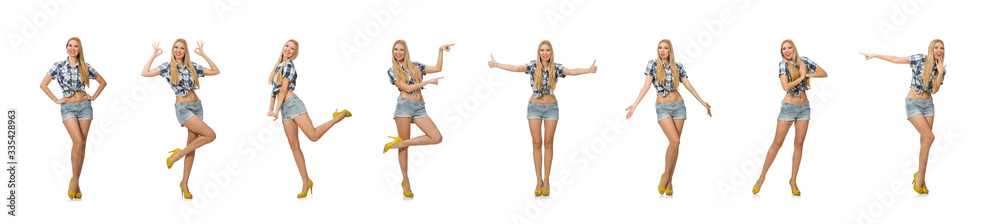 Pretty woman in jeans shorts isolated on white Pretty woman in jeans shorts isolated on white