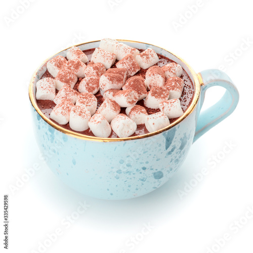 Cup of hot chocolate with marshmallows on white background