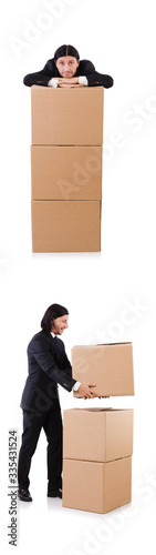 Funny man with boxes on white