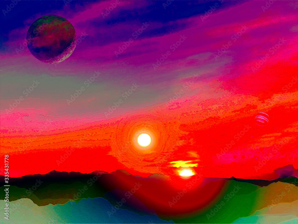 Double Sunset Fantasy Exoplanet Landscape