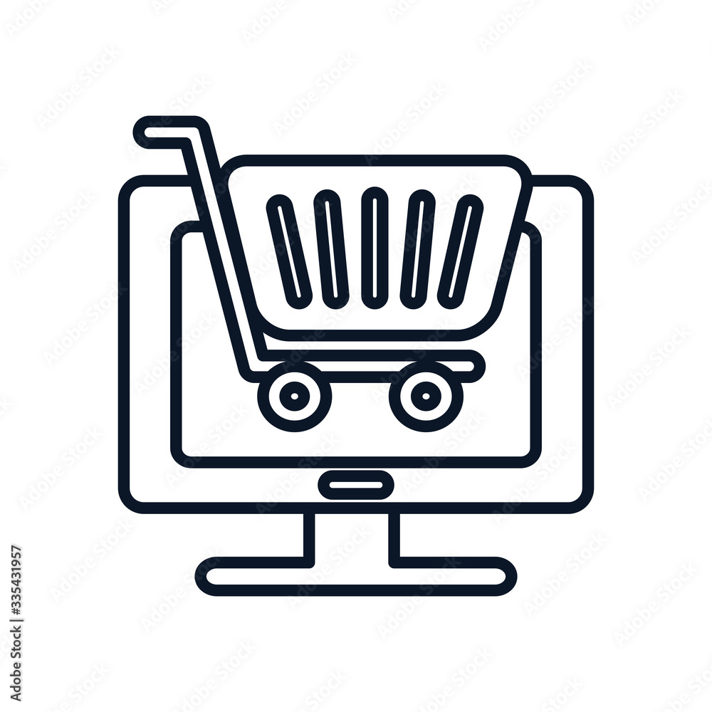 shopping online concept, computer with shopping cart icon, line style