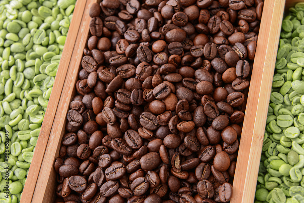 Fototapeta premium Trays with green and roasted coffee beans, closeup