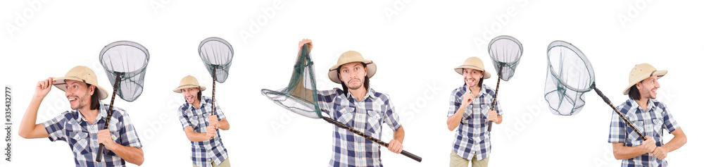 Funny guy with catching net on white Funny guy with catching net on white