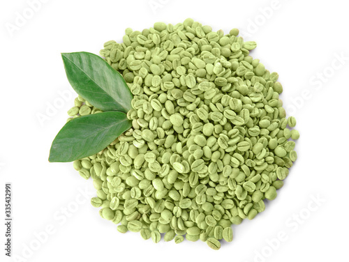 Green coffee beans on white background