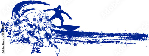 grunge surf scene with surfer and hibiscus