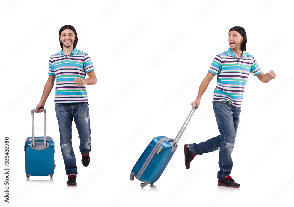 Young man with suitcase isolated on white Young man with suitcase isolated on white