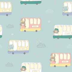 Fototapete Tiermuster mit Fahrzeugen Tiere im Bus Pastellfarben Kindermuster  © Maryam Hamila