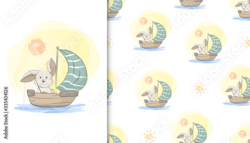 illustration of a rabbit fishing on a wooden boat and kids baby pattern in the white backdrop