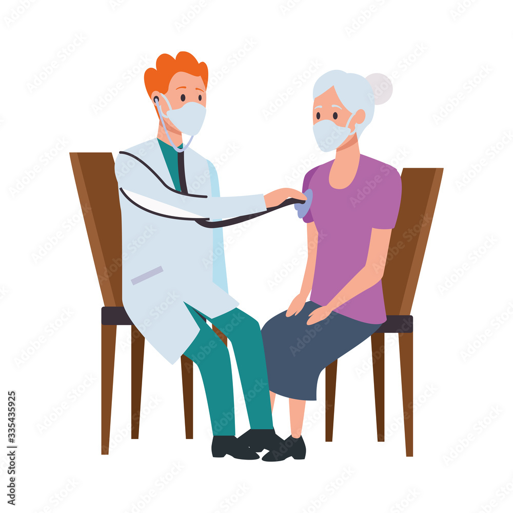 doctor attending old woman in chairs