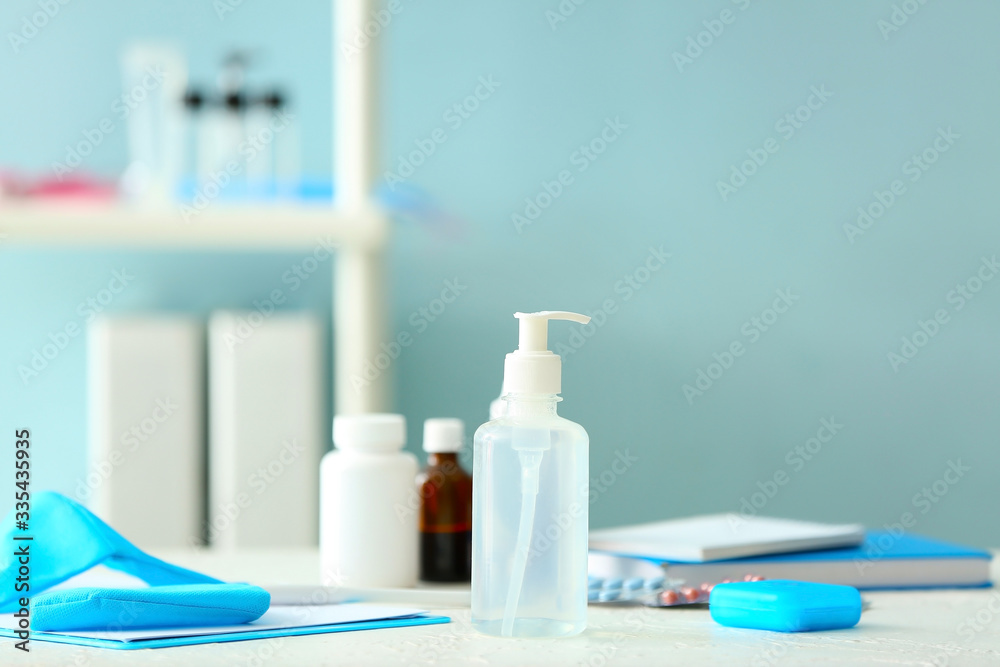 Disinfectant on workplace of doctor in clinic Disinfectant on workplace of doctor in clinic