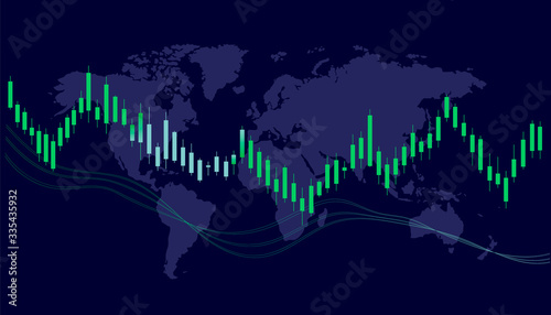 Vector stock market illustration. Forex trading graph in graphical form. Financial investment. Abstract finance background. World map on a blue background. 
