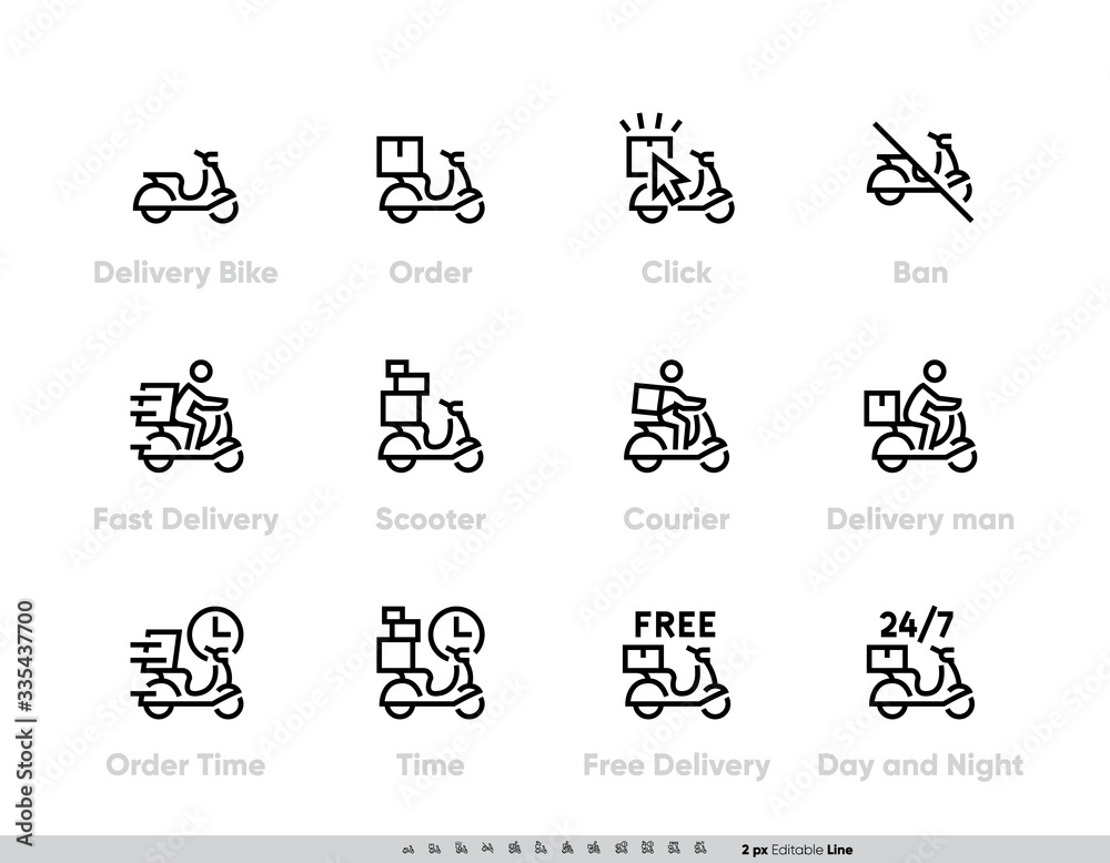 Shipping Fast Delivery icon set. Order, Scooter, Order Time, Free Delivery Pictogram Editable Outline design for apps and websites